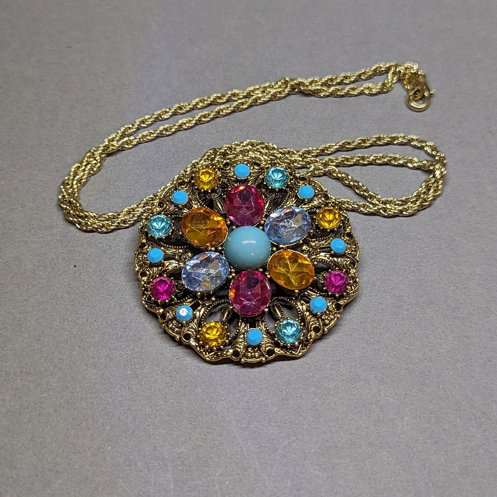 Large Pendant Necklace Gold Tone Multicolored Stones Orange Blue Pink Unique